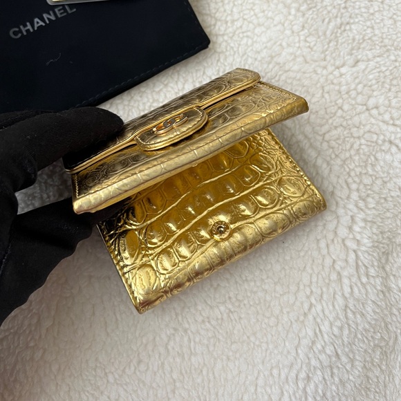Auth Chanel Metallic Gold Croc Embossed Trifold Compact Wallet - Picture 7 of 15